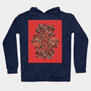 Seasonal branches and berries - green and gold on red Hoodie